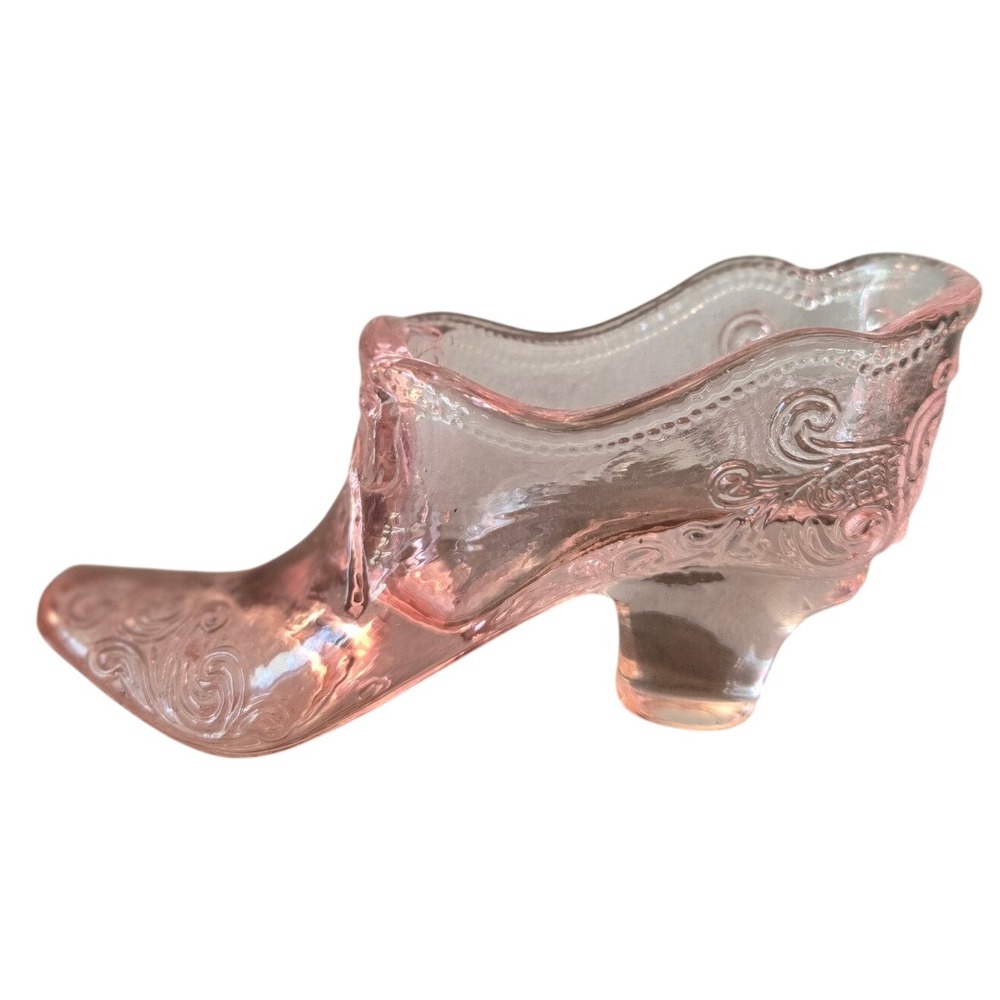 Vintage Mosser Pink Glass Slipper Shoe Embossed Scroll & Bow Decor Boot vase
